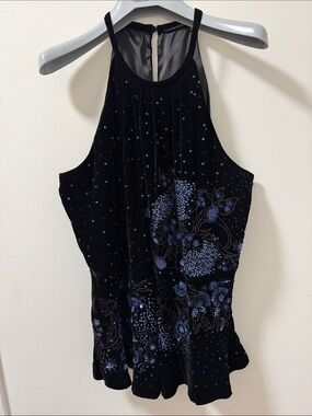 Elie Tahari Black Velvet Embellished Halter Top with Peplum Hem. Size Large.